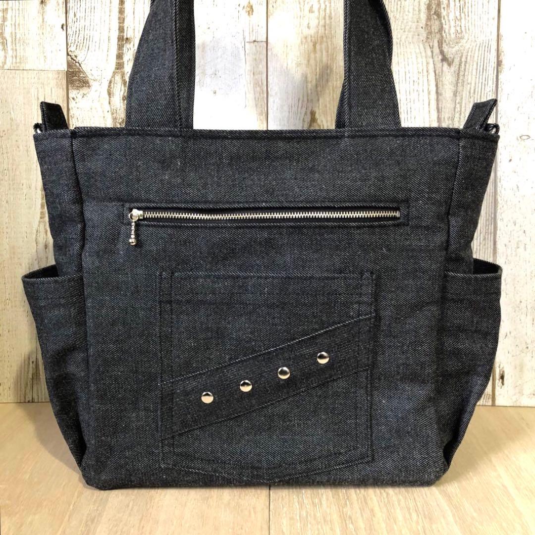 トートバッグ　ハンドメイド　デニムリメイク　ブラック　両開き【新品デニム】