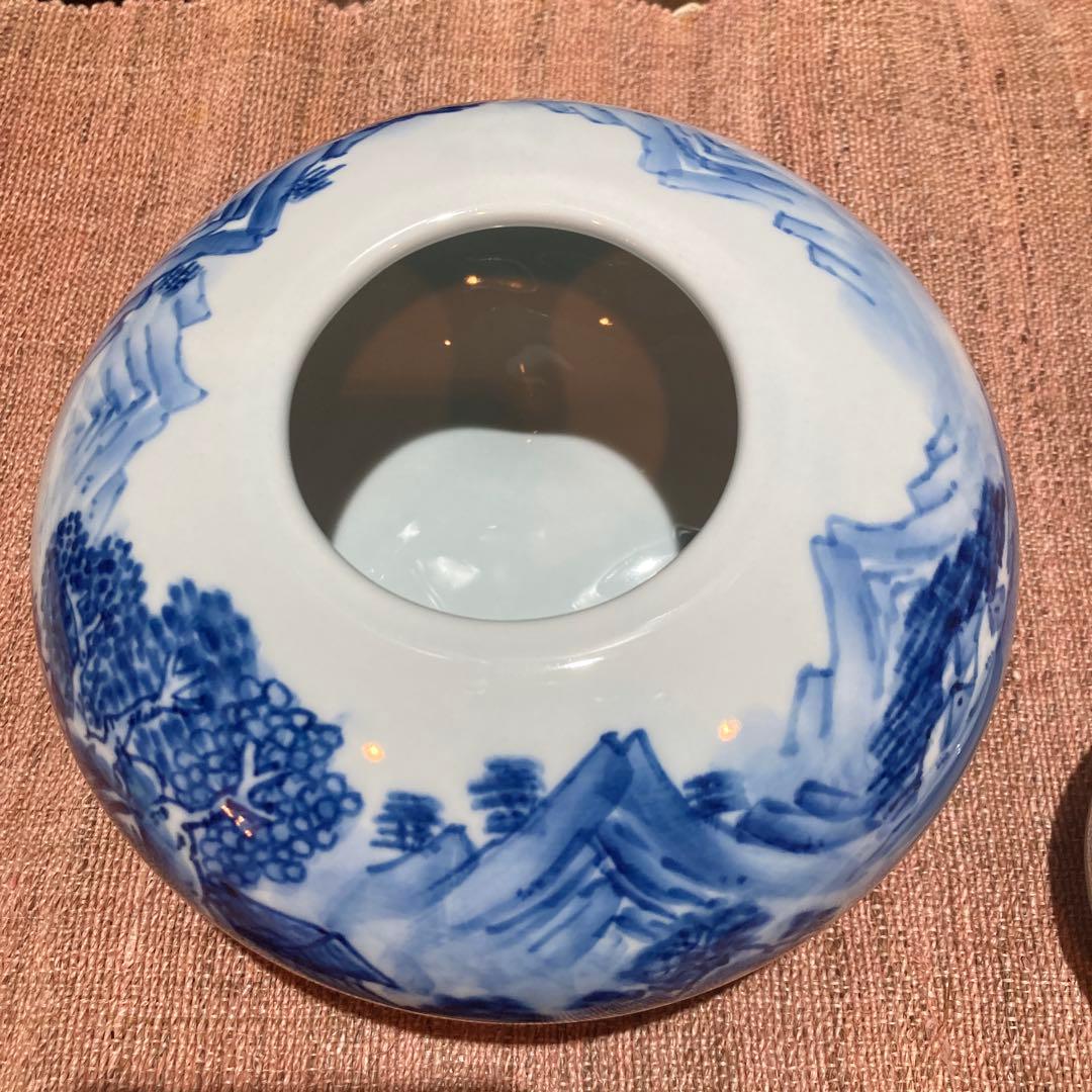 未使用☆有田焼　花舟　三脚　香炉　染付の山水画