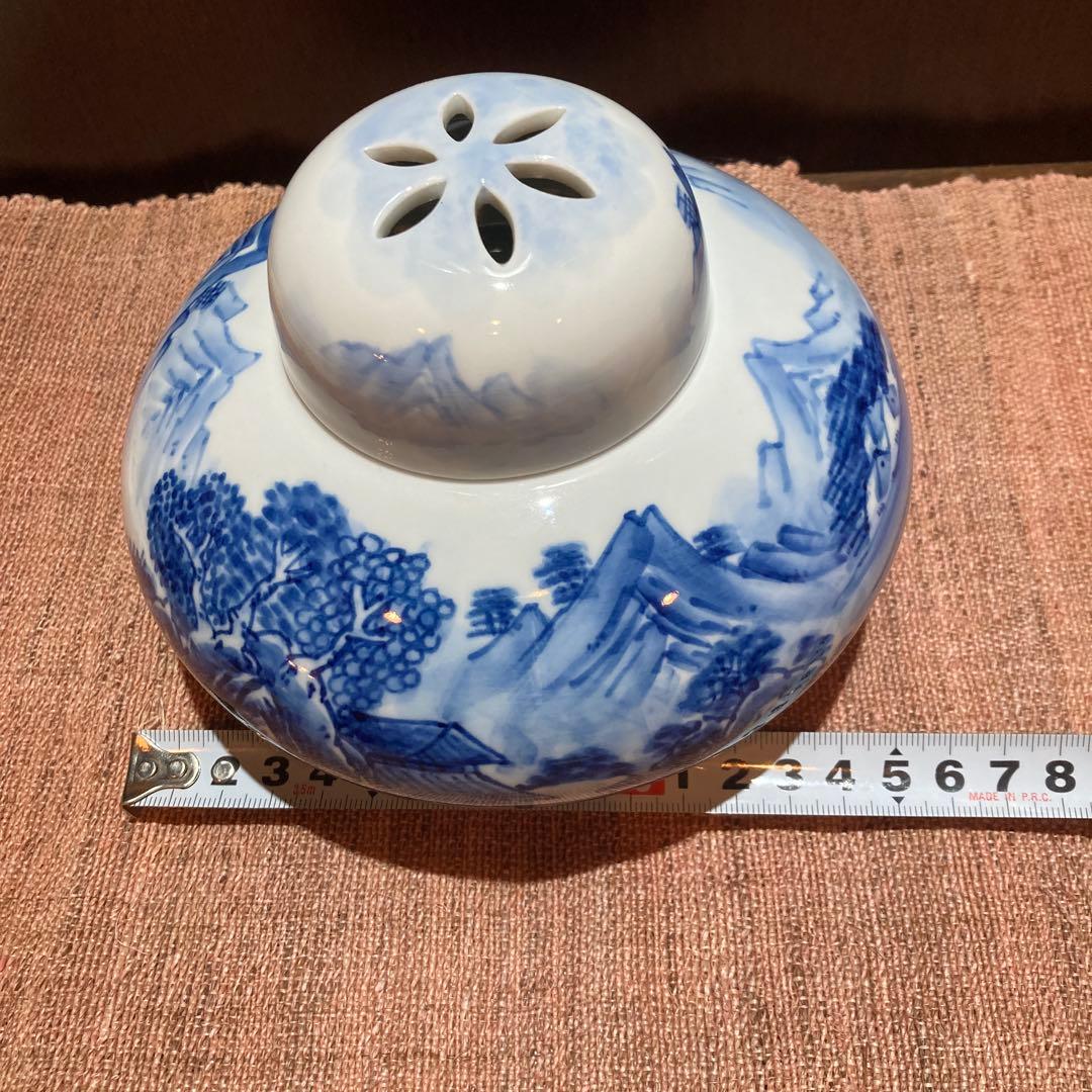 未使用☆有田焼　花舟　三脚　香炉　染付の山水画