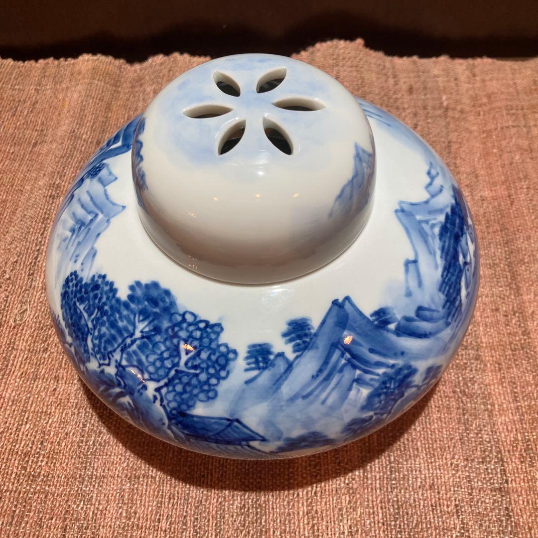 未使用☆有田焼　花舟　三脚　香炉　染付の山水画